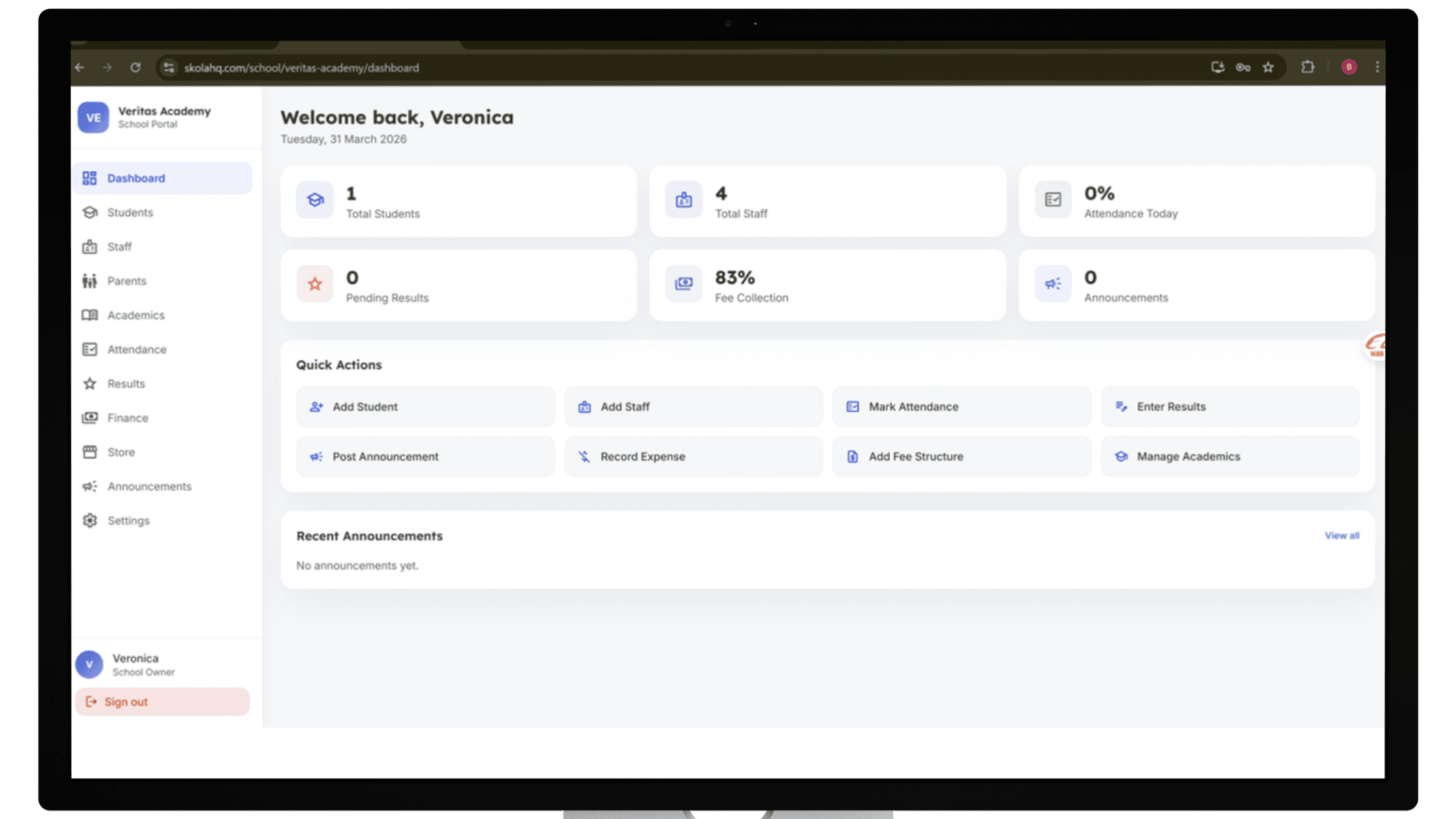 School management dashboard mockup